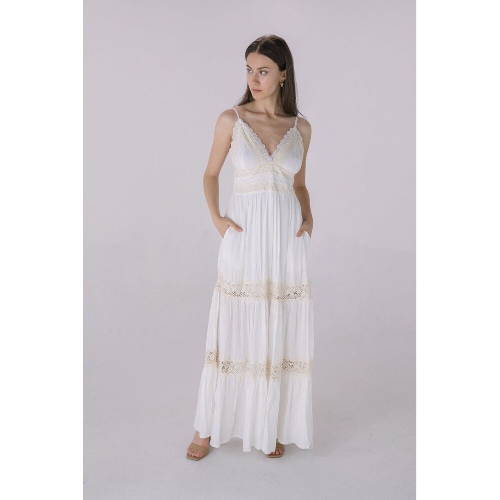 Solitaire Swim Crochet Inset Embroidery Halter Maxi Dress